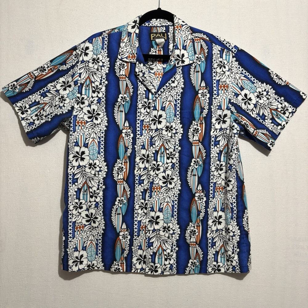 VTG Pali Collection Hawaiiian Shirt Men’s Large Blue Surfboard Lei Hibiscus Rare